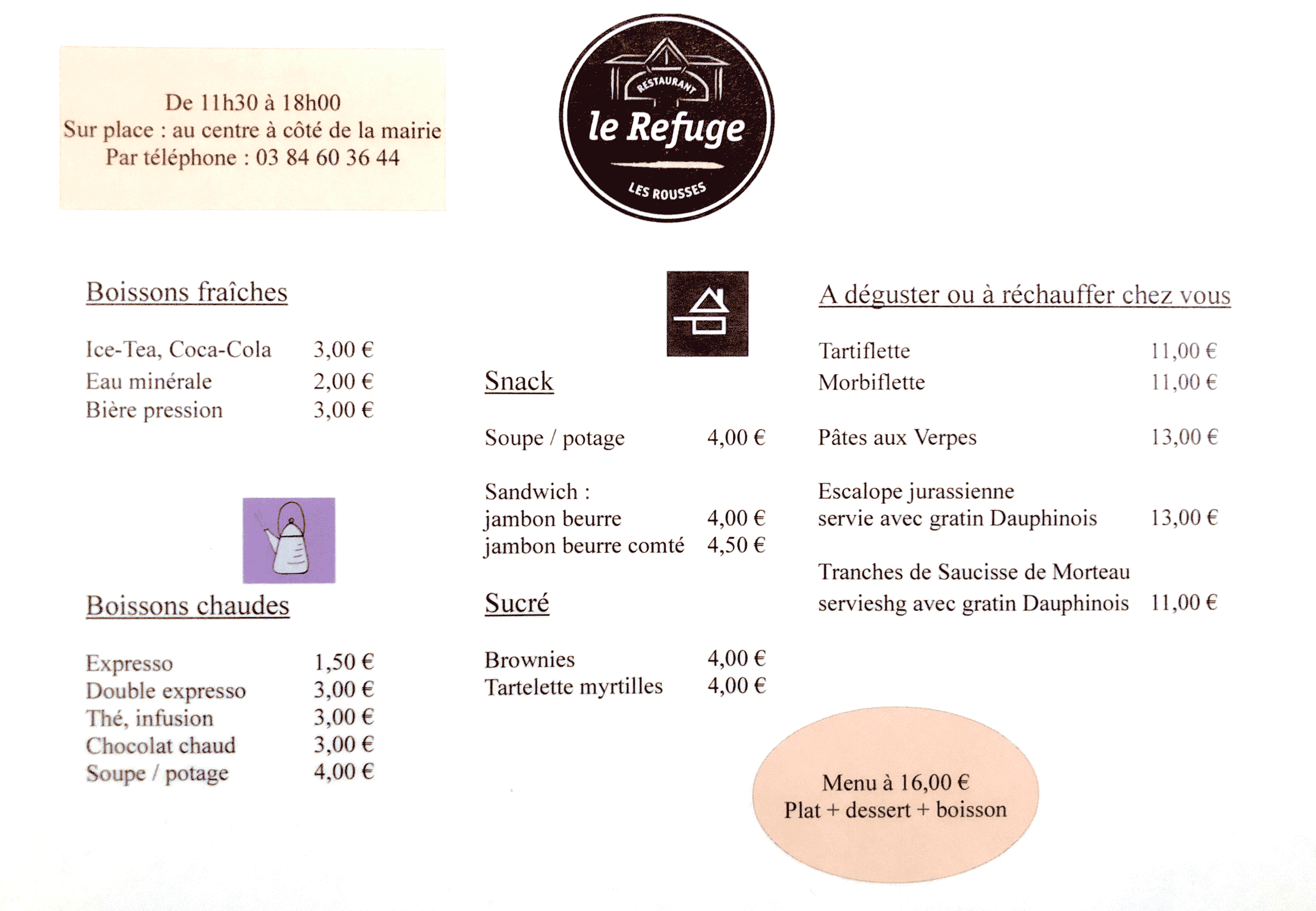 Plats et boissons à emporter Menu le refuge les rousses jura, à emporter